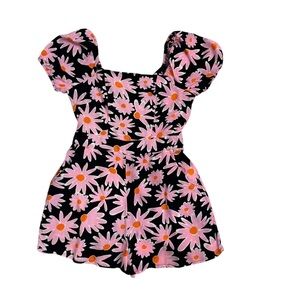 Lily Rose Daisy Floral Romper Shorts Size S Puff Sleeve Square Neck Black Pink